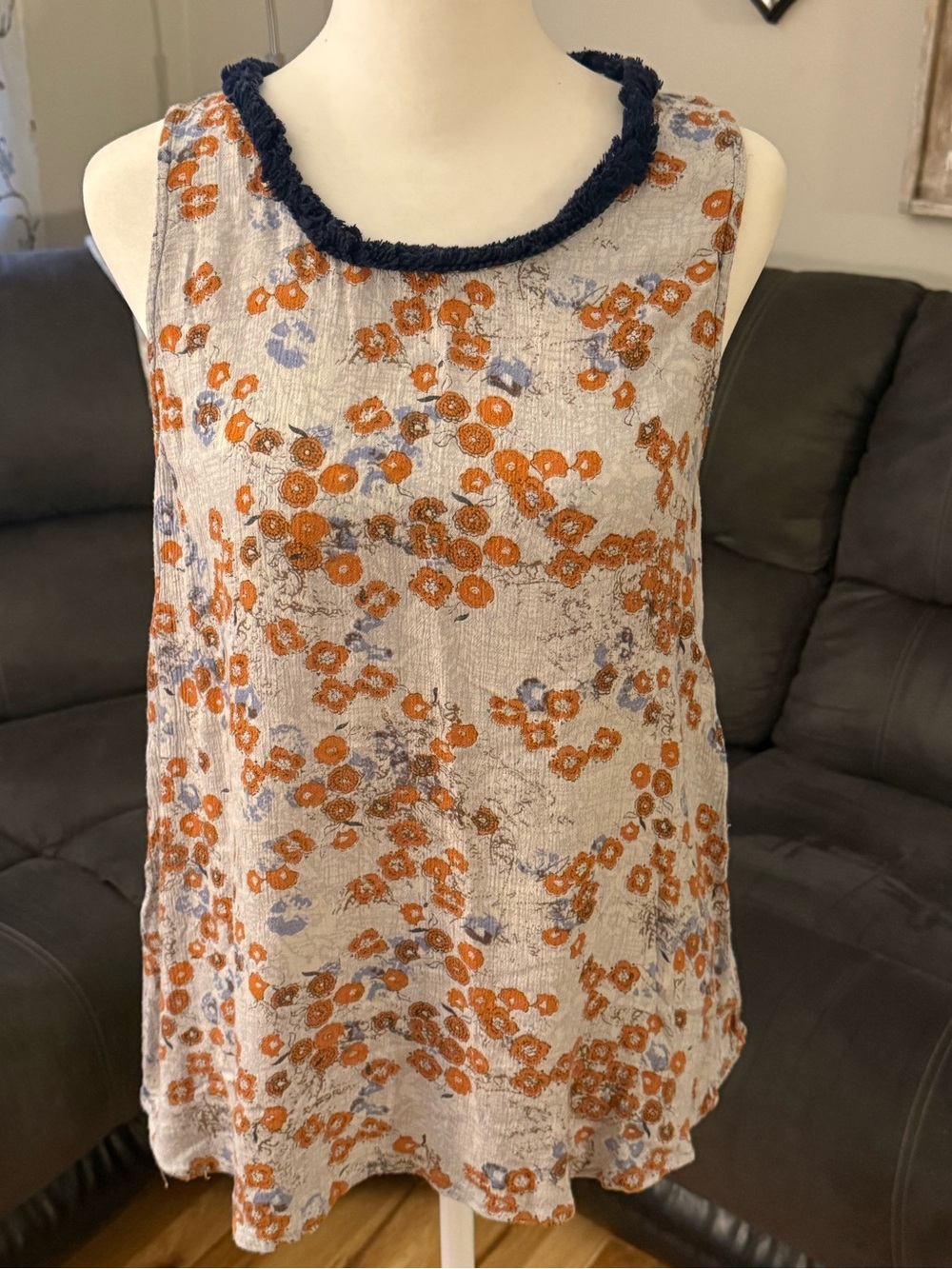 hinge Cream Floral Tank with Navy Trim
